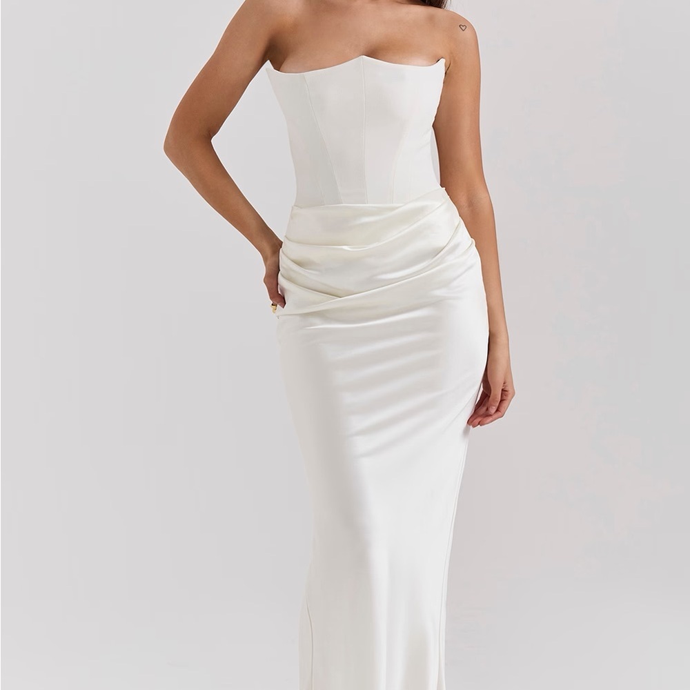 House of CB Ivory Strapless Satin Draped Column Gown